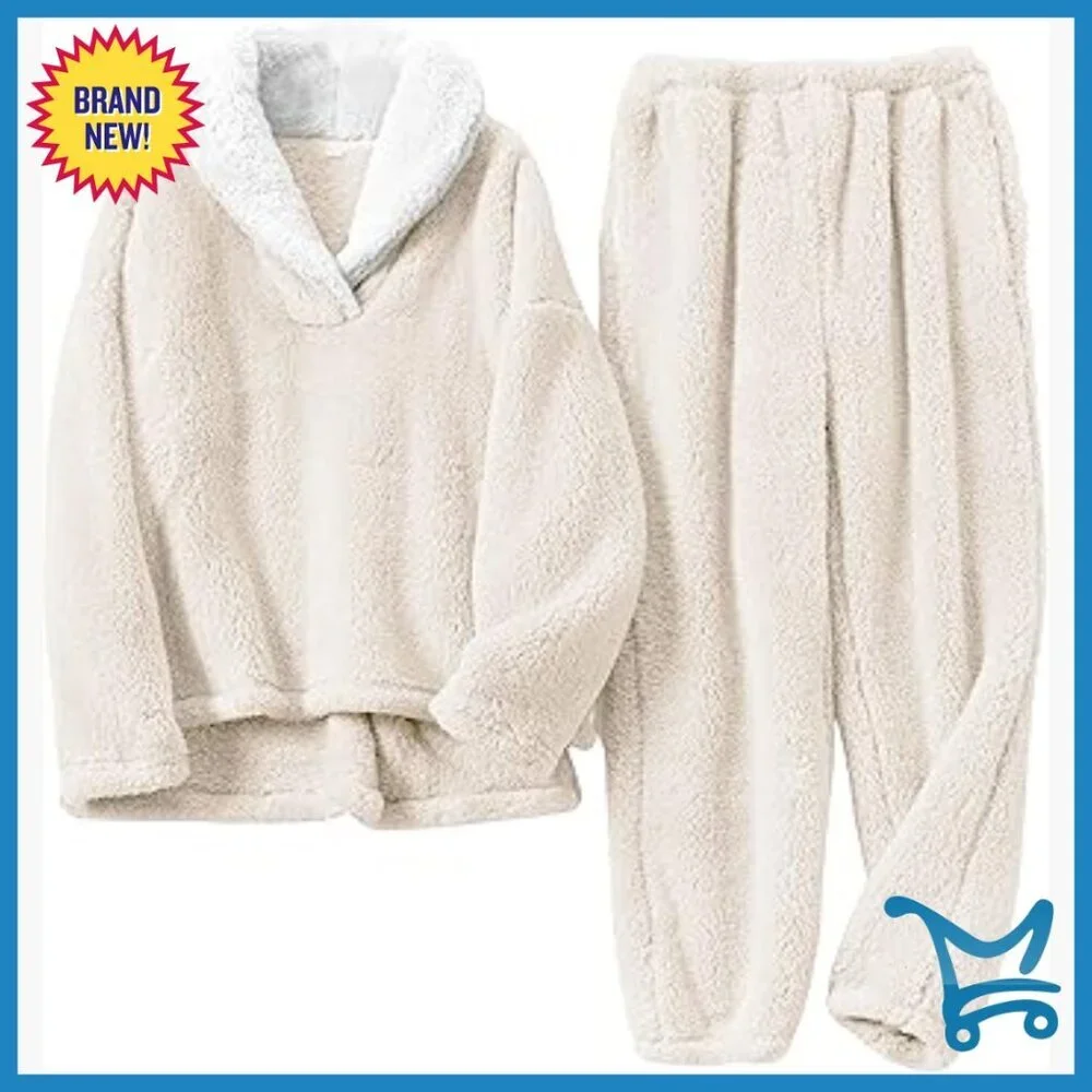 Warm Sherpa Fleece Pajama Set Pullover Lapel Lounge Sleepwear X-Large